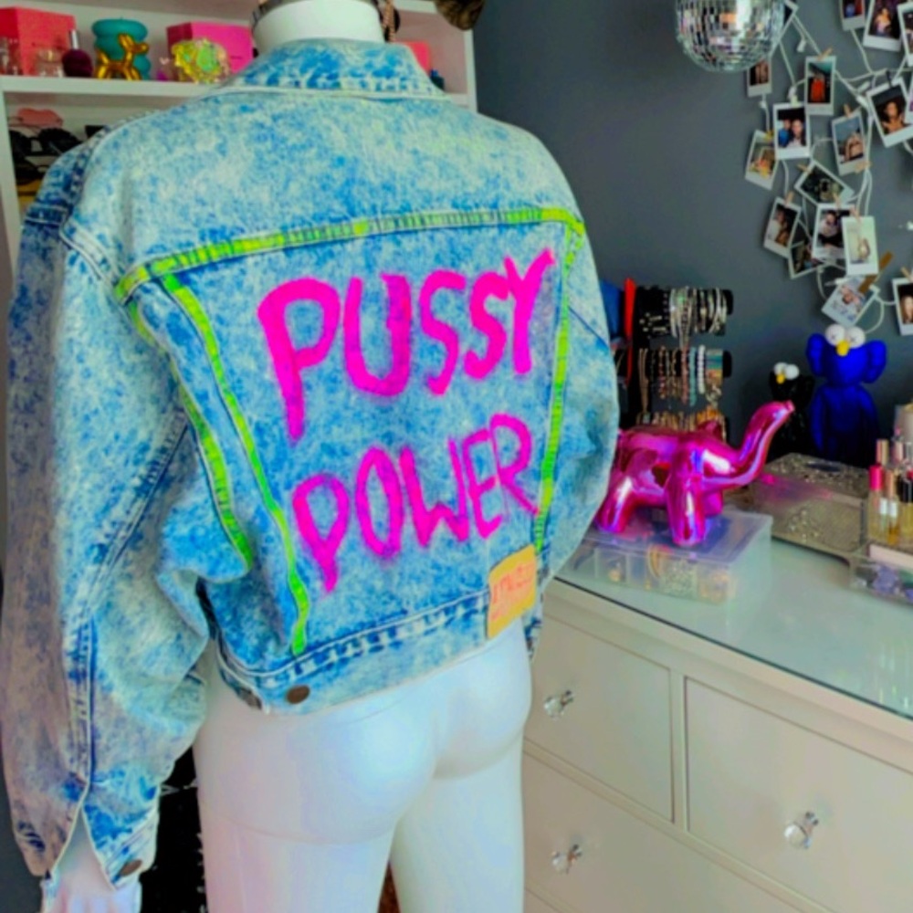 Denim Jacket with Pink and Green Accents